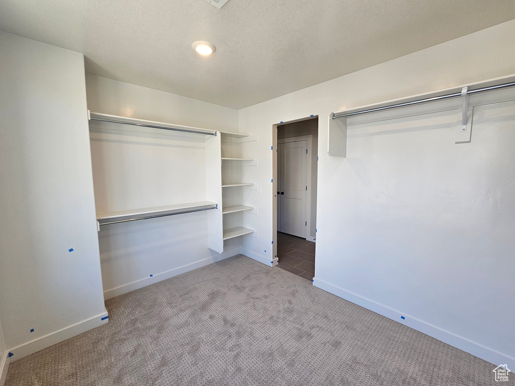 Unfurnished bedroom with carpet flooring, a closet, and a textured ceiling