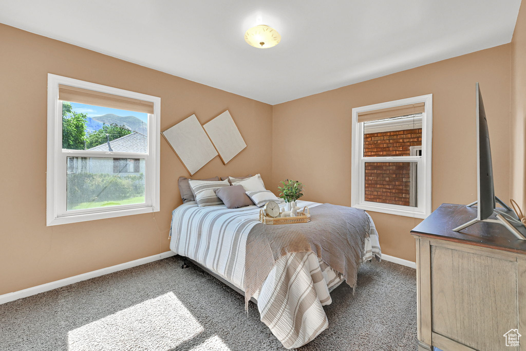 Bedroom with dark colored carpet