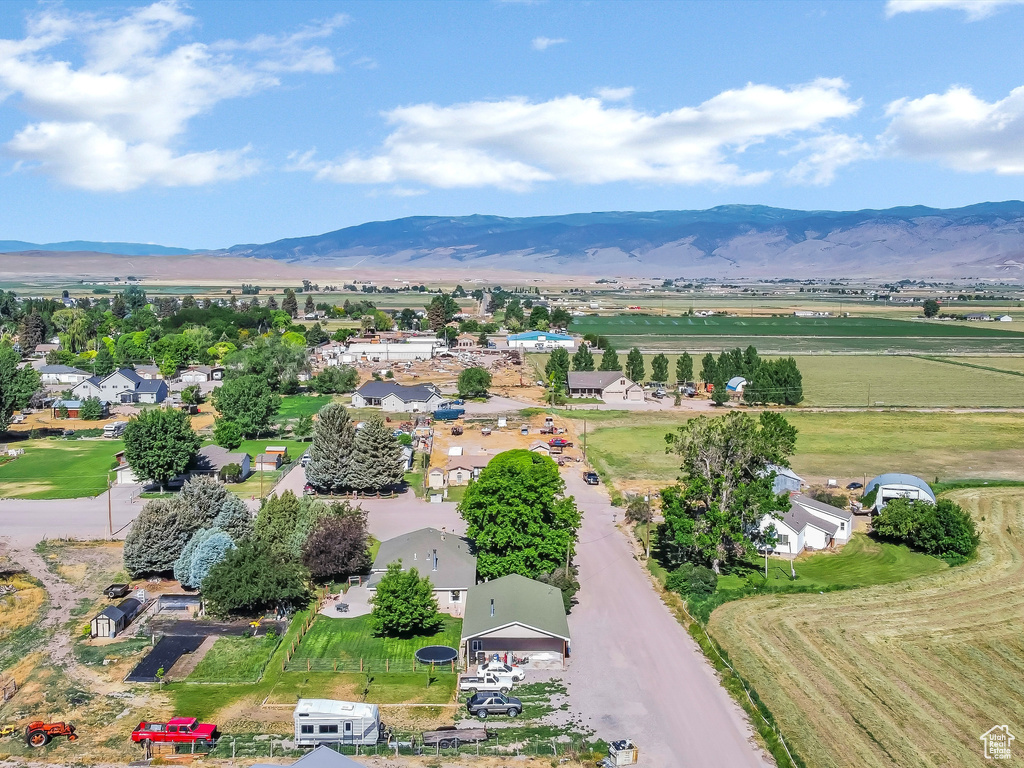 Overview of rural landscape featuring mountains