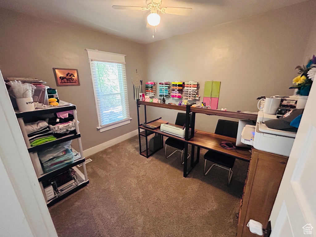 Office with carpet and ceiling fan