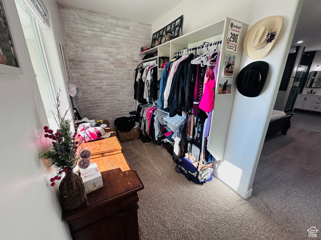 Walk in closet with carpet floors