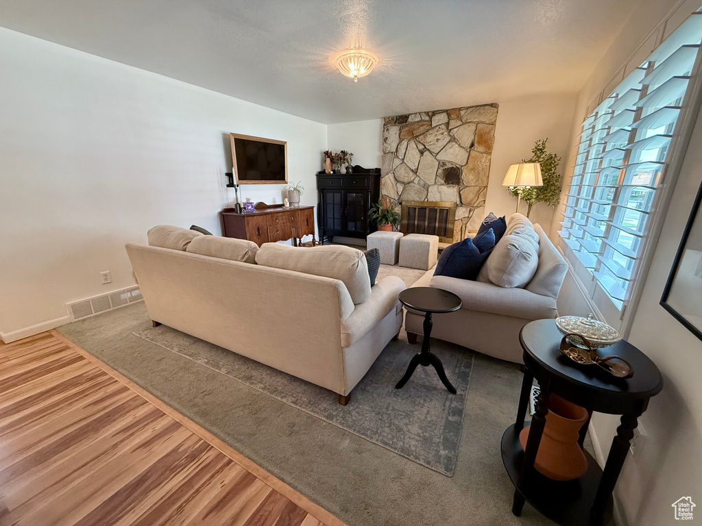 Living room featuring wood finished floors and a fireplace