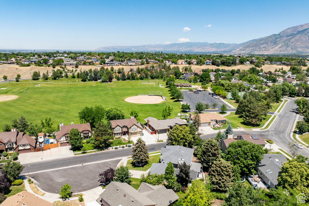 Aerial perspective of suburban area featuring mountains