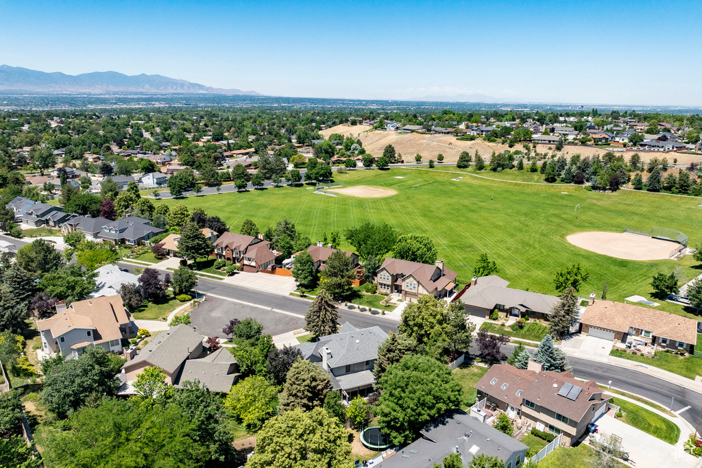 Aerial view of residential area with mountains