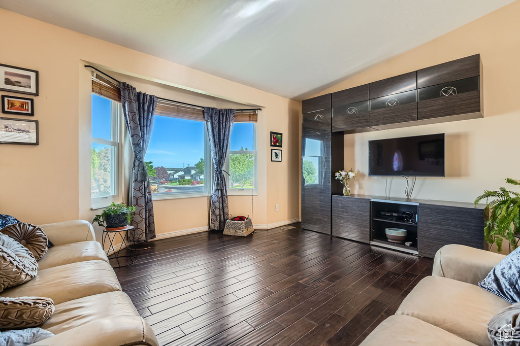 Living room with lofted ceiling, plenty of natural light, and dark wood-type flooring
