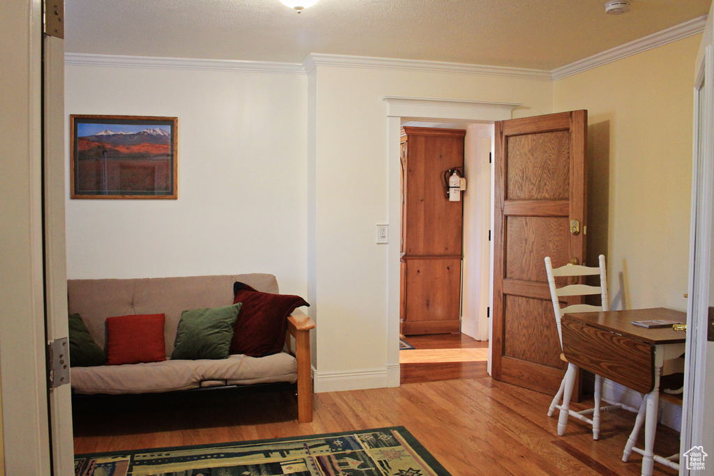 Living room with light wood-type flooring and ornamental molding