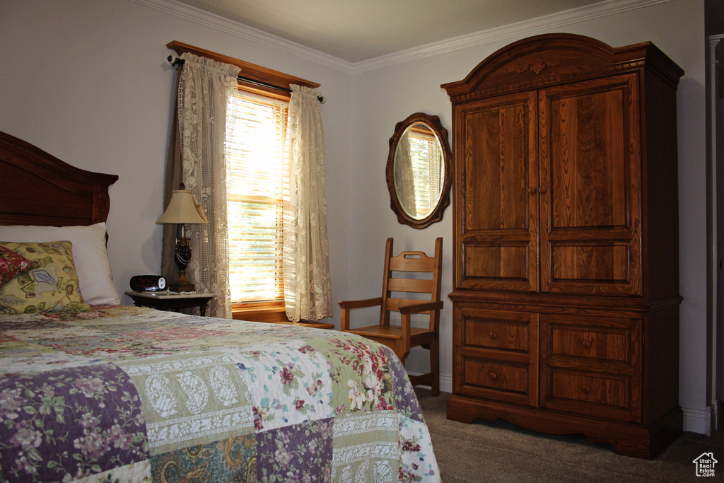 Carpeted bedroom with crown molding