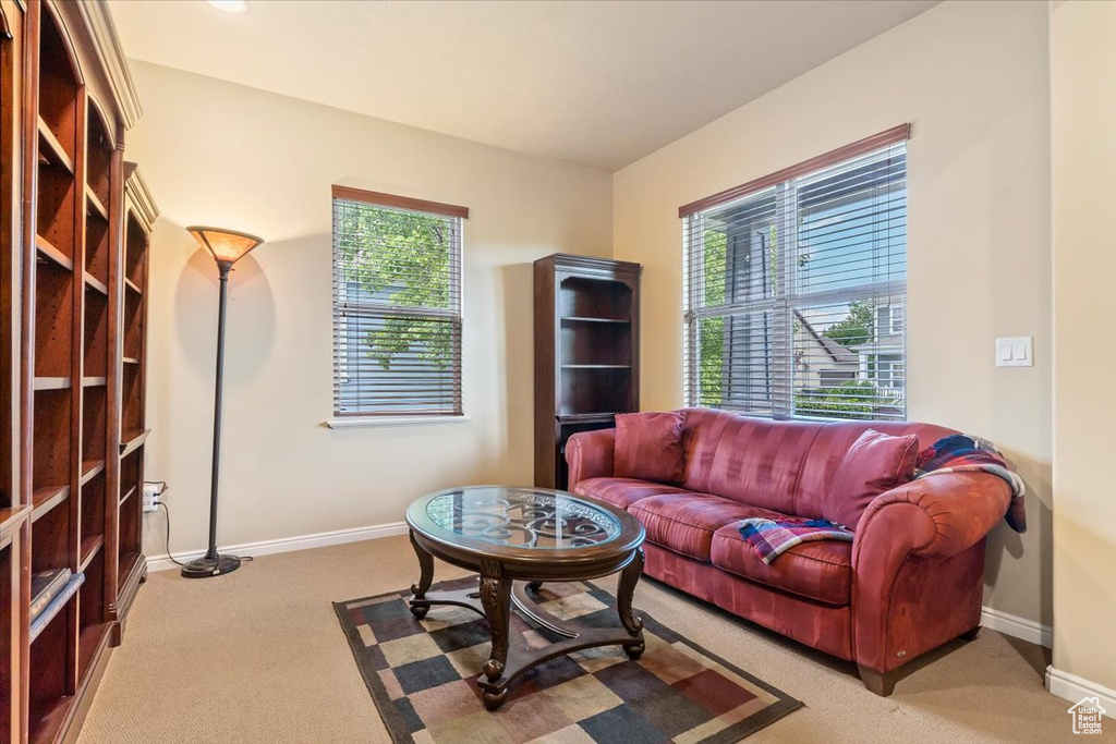 Carpeted living room with baseboards