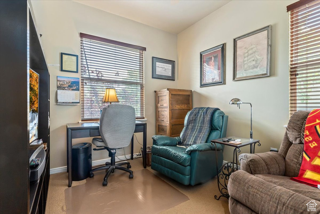 Home office featuring carpet floors and baseboards