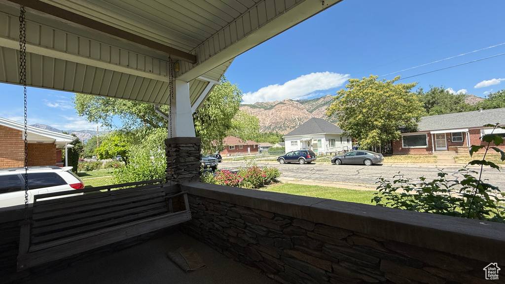 View of patio with a mountain view