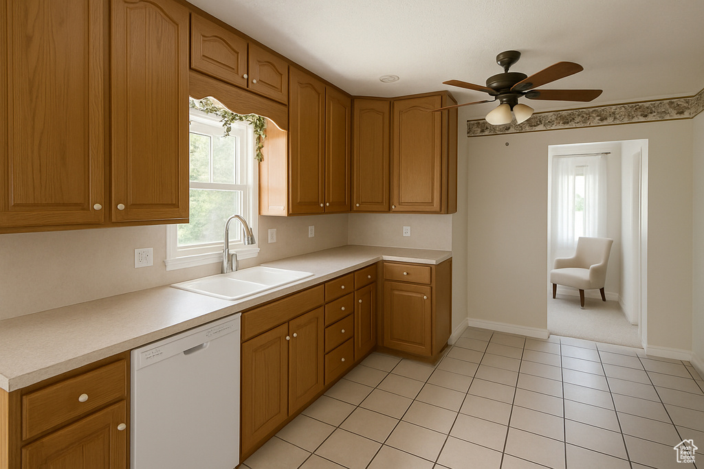 Kitchen with dishwasher, light countertops, a ceiling fan, and brown cabinetry