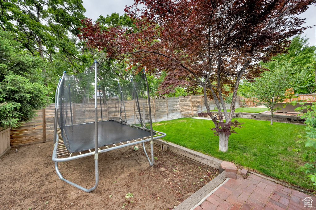 Fenced backyard featuring a trampoline