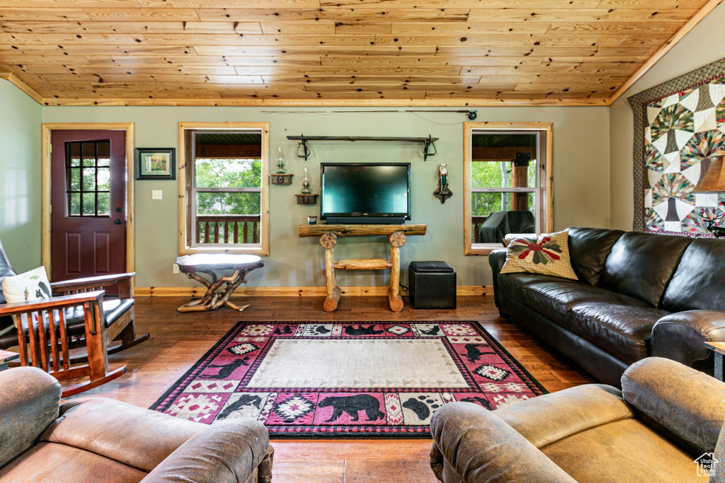 Living area featuring lofted ceiling, wood ceiling, plenty of natural light, and wood-type flooring