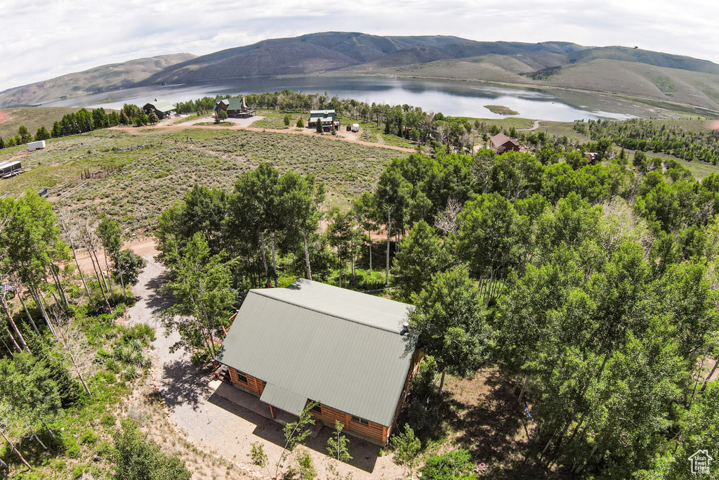View of subject property with a water and mountain view