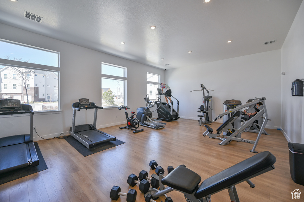 Workout area featuring wood finished floors and recessed lighting