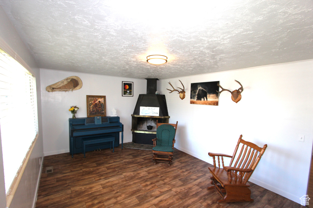 Sitting room with wood finished floors and a textured ceiling