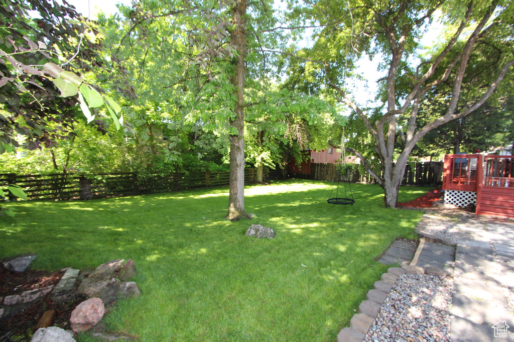 Fenced backyard featuring a wooden deck