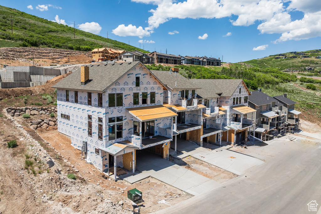 Drone / aerial view of a mountainous background