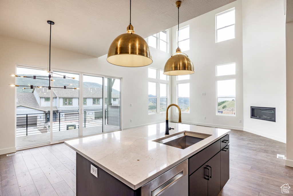 Kitchen with light wood-style floors, hanging light fixtures, dishwasher, a glass covered fireplace, and light stone countertops
