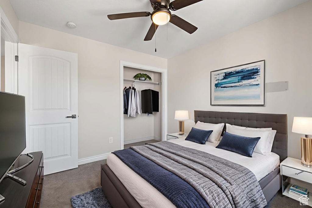 Bedroom with carpet floors, a ceiling fan, and a closet