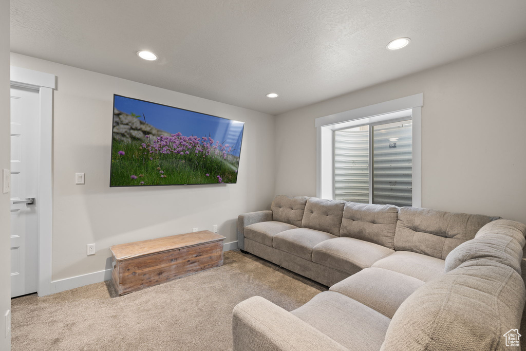 Carpeted living room with recessed lighting and baseboards
