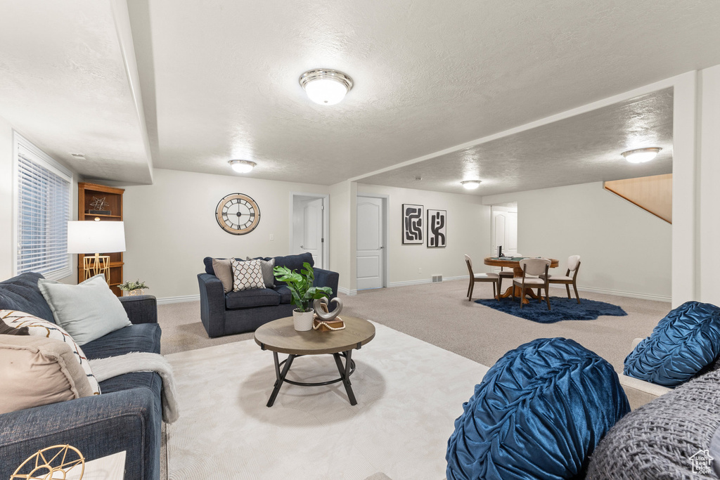 Living area featuring a textured ceiling and carpet flooring