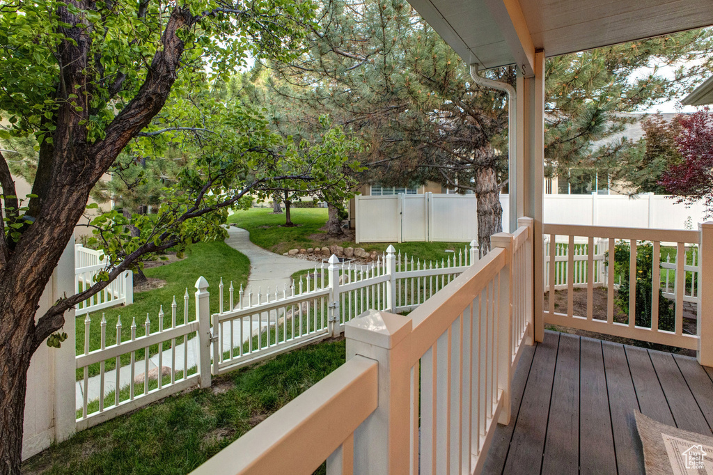 Deck featuring a fenced front yard