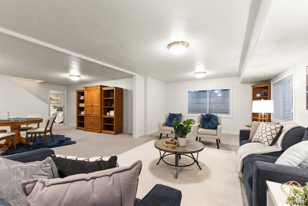 Living room featuring light colored carpet and a textured ceiling