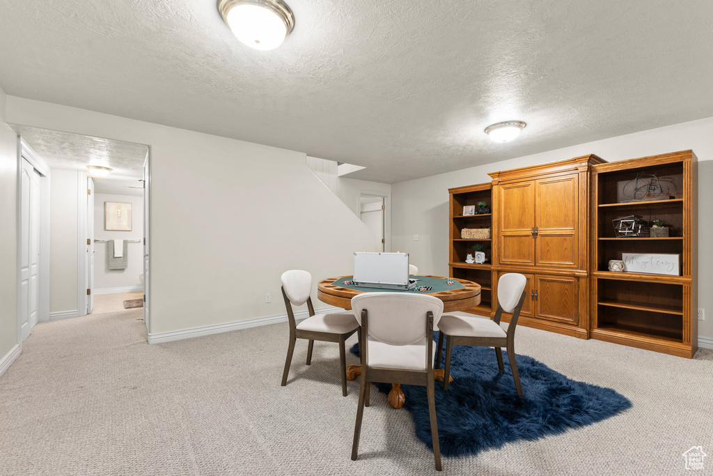 Dining room with a textured ceiling and light carpet
