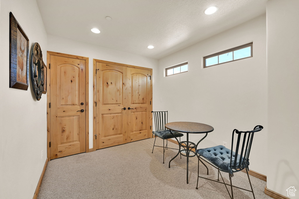 Living area with carpet floors and recessed lighting
