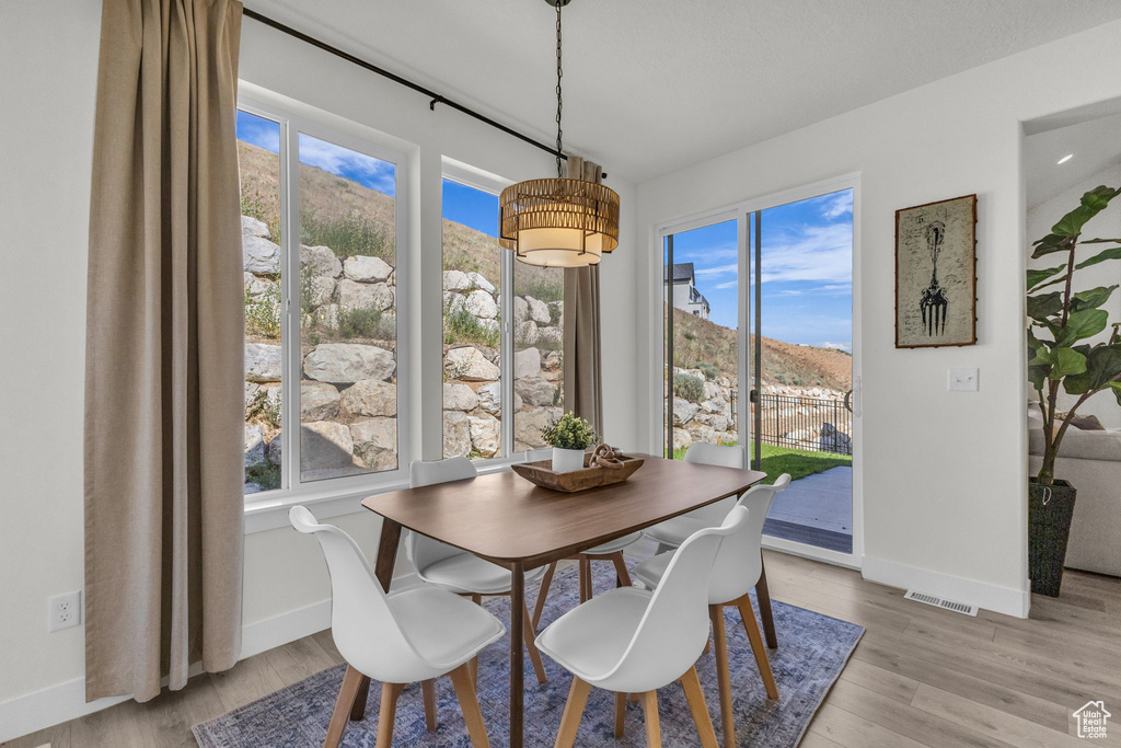 Dining space featuring healthy amount of natural light, a mountain view, and light wood finished floors
