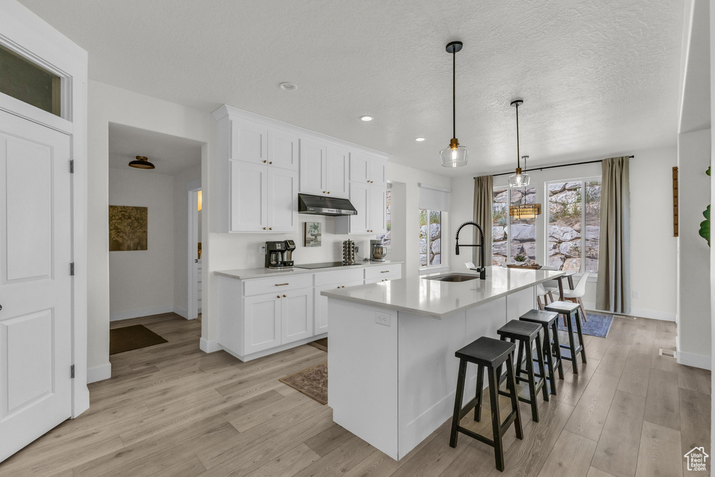 Kitchen with under cabinet range hood, light wood finished floors, white cabinetry, an island with sink, and recessed lighting
