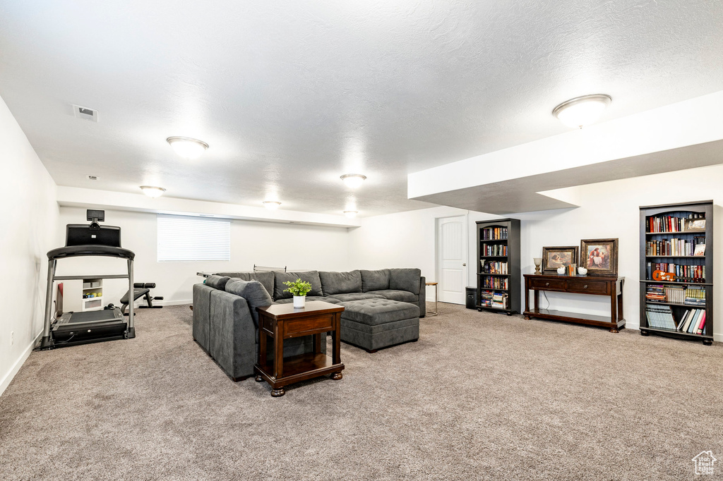 Living room with carpet flooring and baseboards