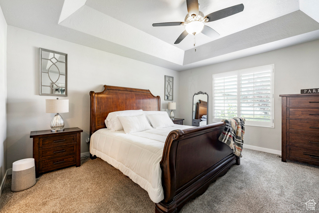 Bedroom featuring light carpet, a raised ceiling, and a ceiling fan
