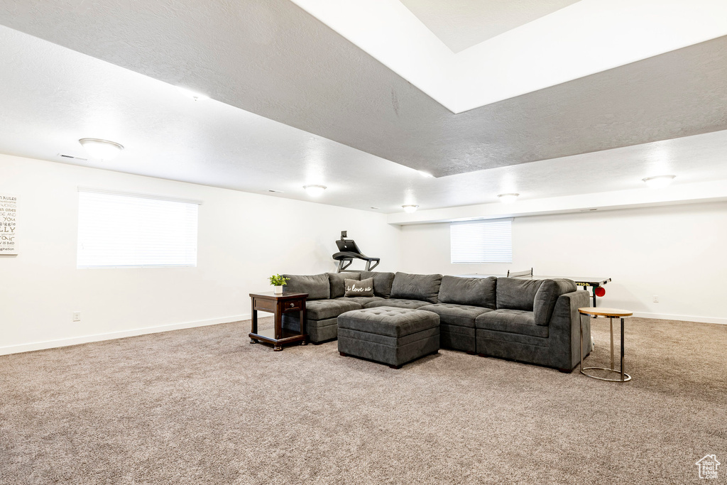 Living area featuring carpet floors and baseboards