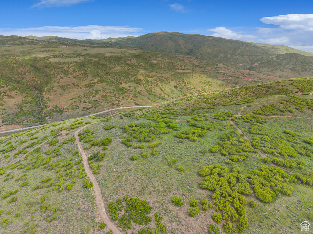 Aerial view of property's location with a mountain backdrop