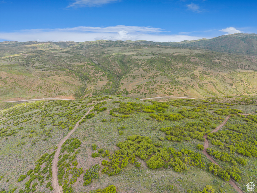 Aerial overview of property's location featuring a mountain backdrop