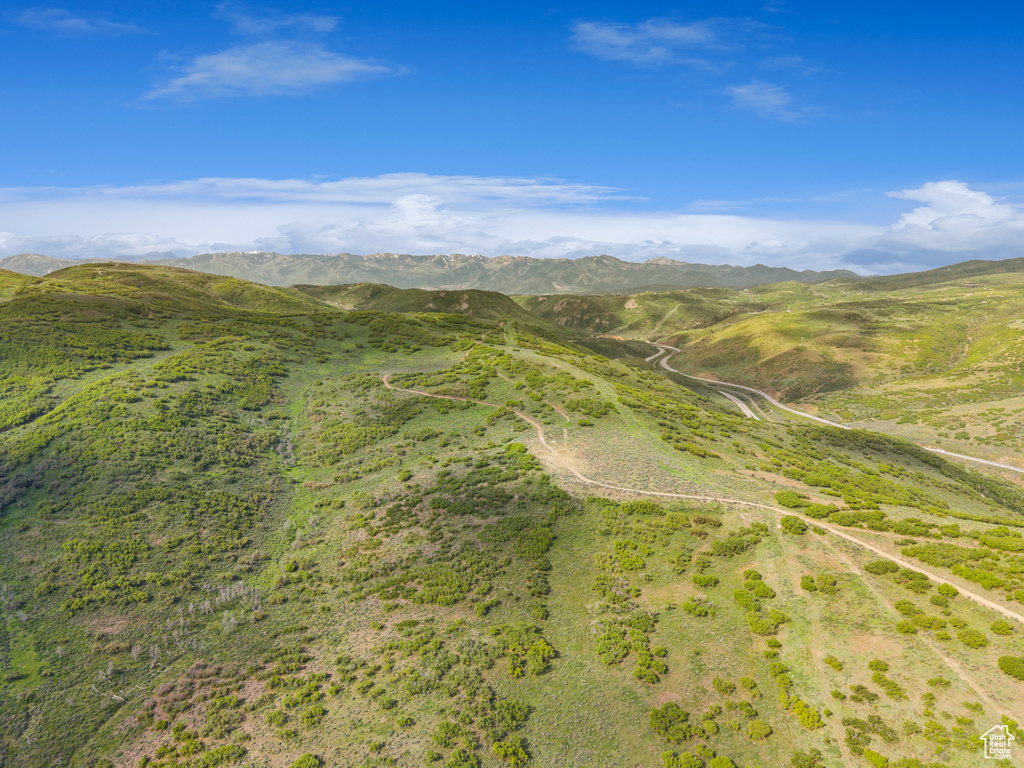 Aerial view of property's location with a mountain backdrop