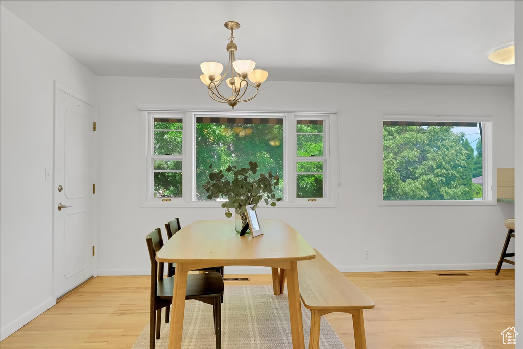 Dining room featuring a chandelier, light wood-style floors, and plenty of natural light