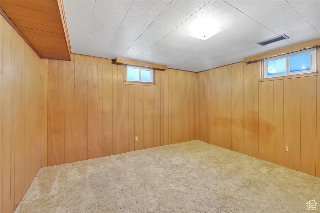 Below grade area featuring healthy amount of natural light, wooden walls, and carpet floors