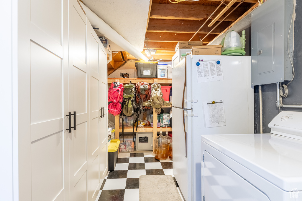 Laundry room featuring washer / dryer, electric panel, and dark flooring