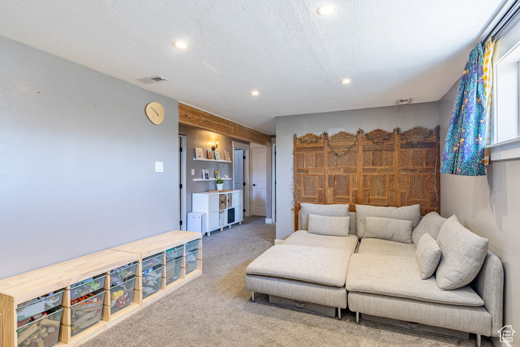 Carpeted living room with recessed lighting and a textured ceiling