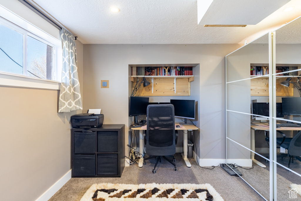 Office with carpet flooring and a textured ceiling