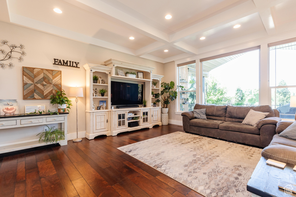 Living area with dark wood-style floors, coffered ceiling, beamed ceiling, and recessed lighting