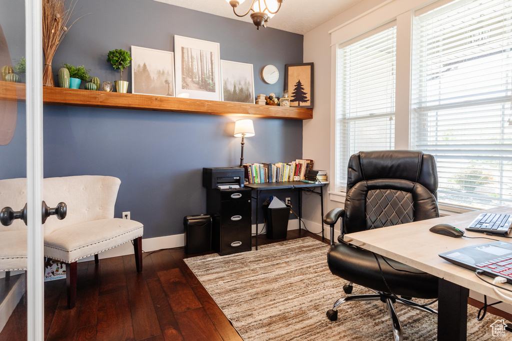 Office with dark wood-type flooring and baseboards