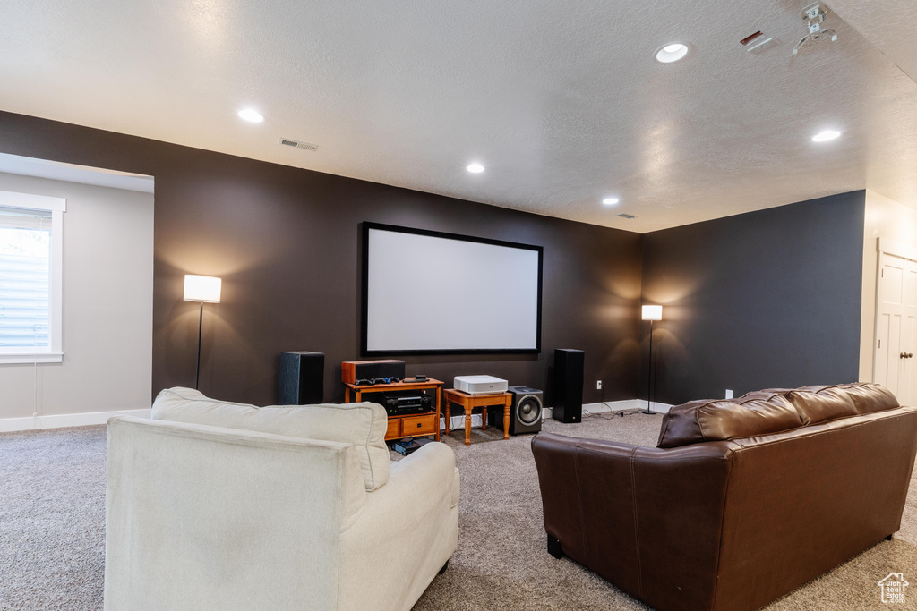 Cinema room featuring carpet and recessed lighting