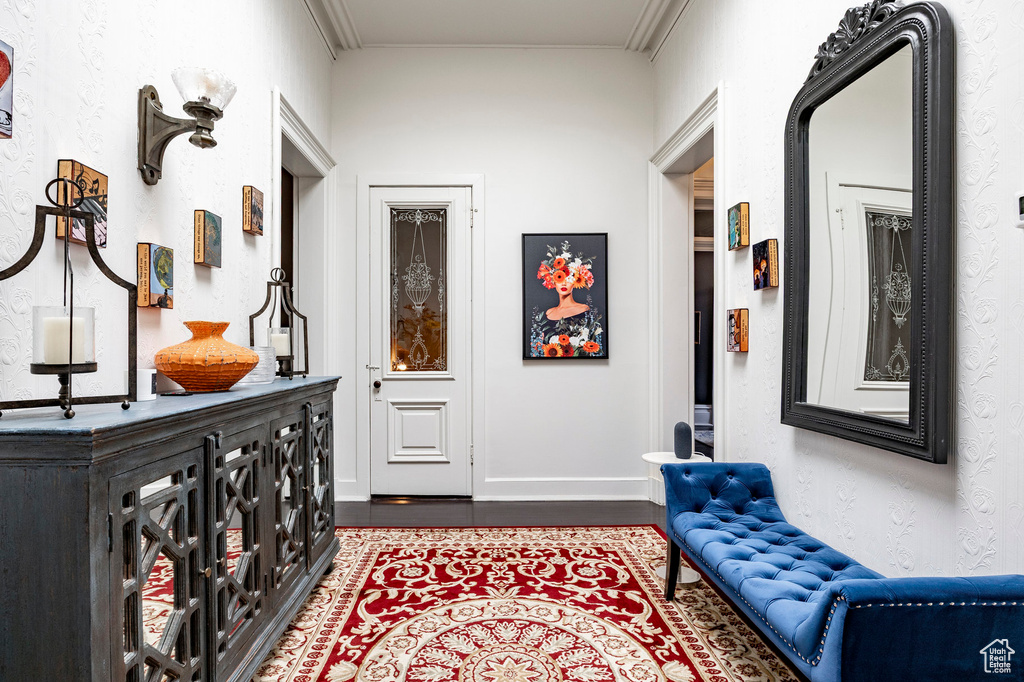 Hall featuring dark wood-type flooring