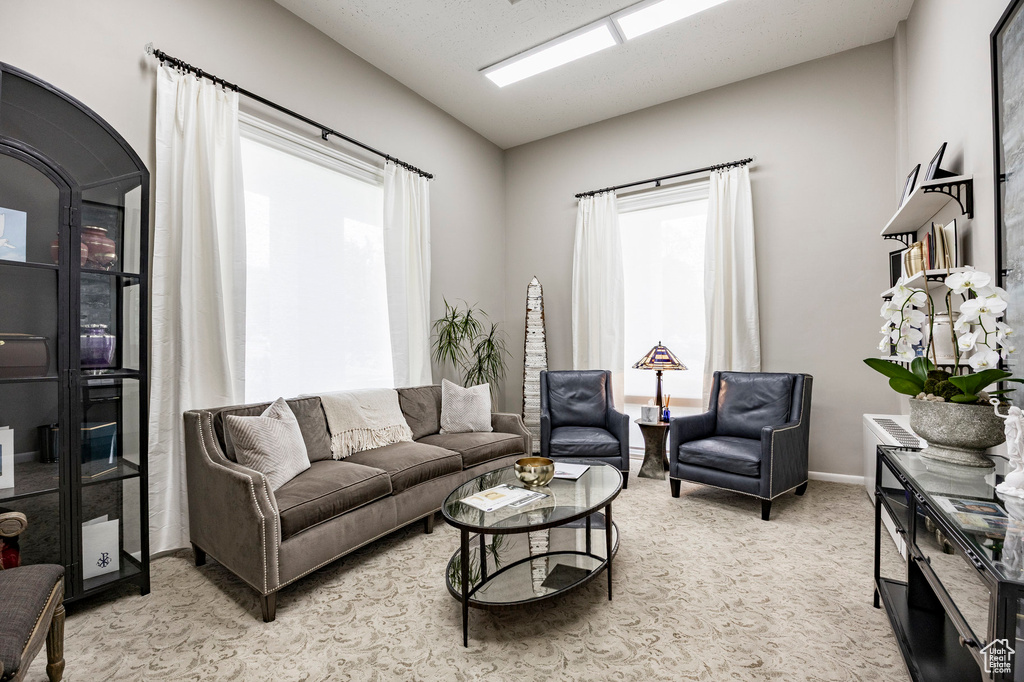 Living area featuring light carpet, healthy amount of natural light, and baseboards