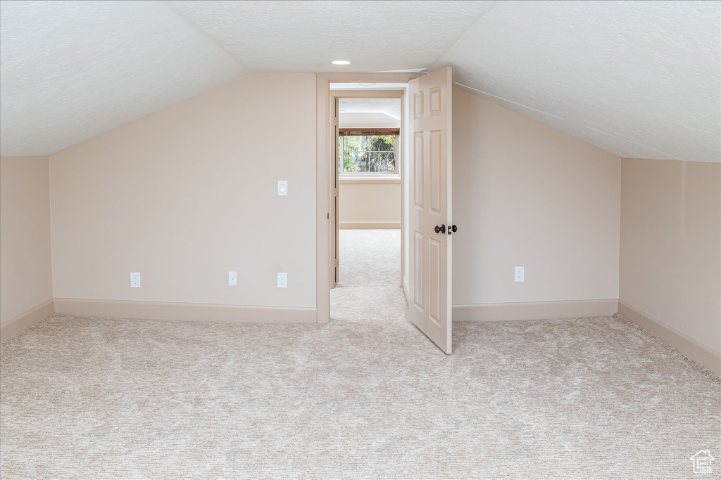 Additional living space with lofted ceiling, carpet, and a textured ceiling