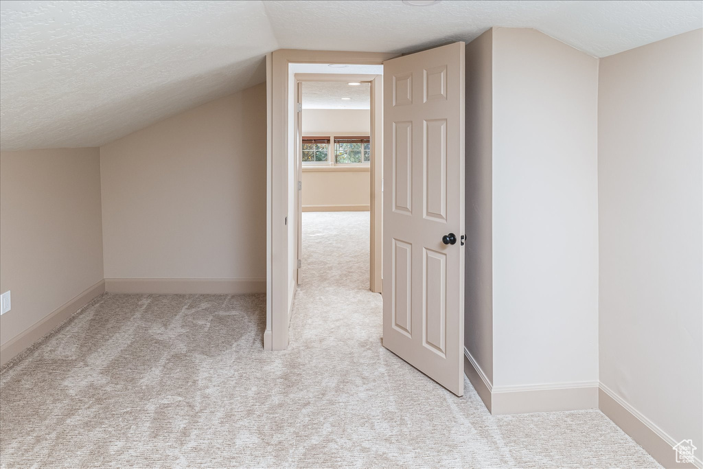 Additional living space featuring carpet flooring, a textured ceiling, and lofted ceiling